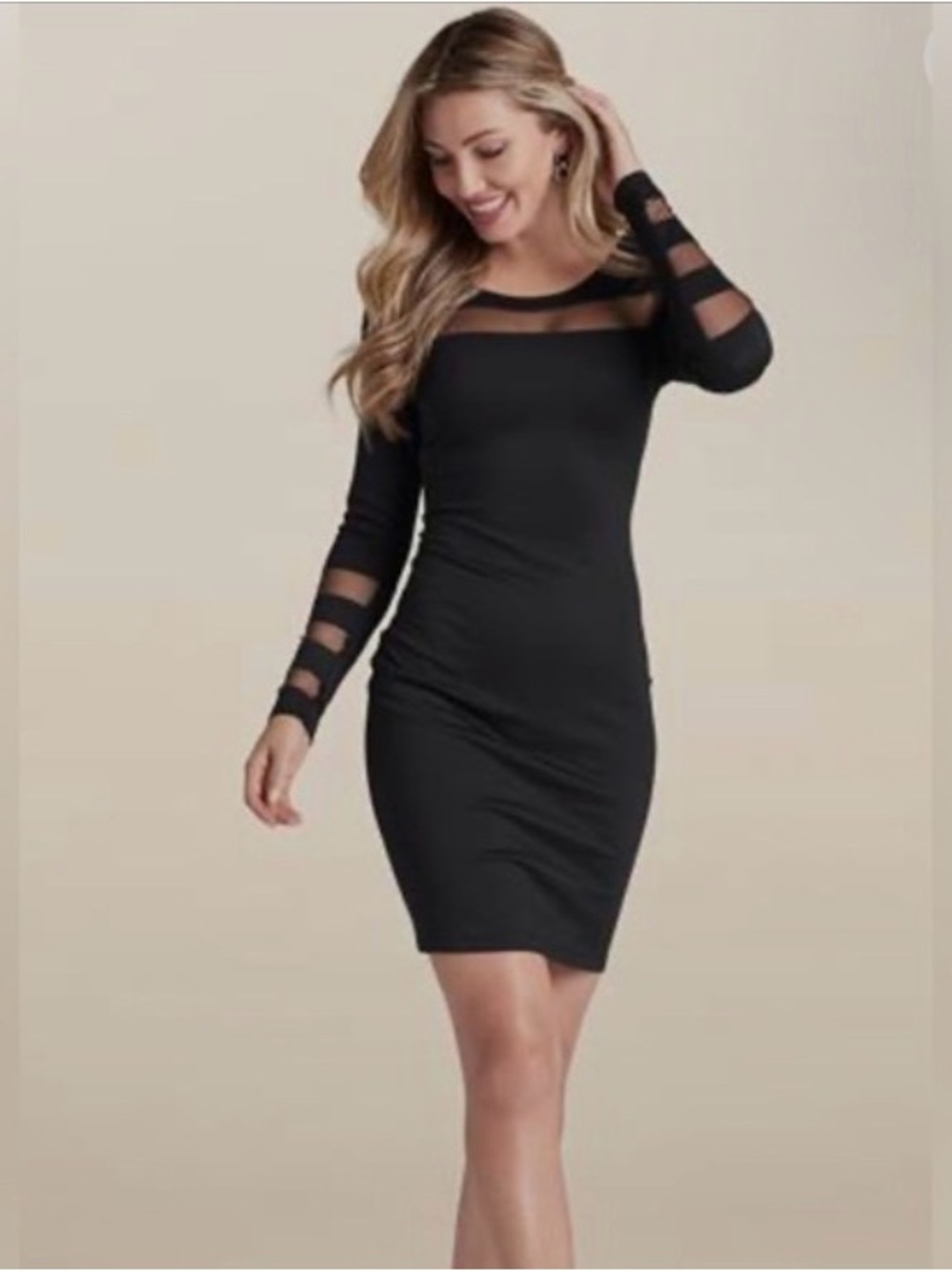 Venus Black Long Sleeve Sheer Mesh Cutout Bodycon Dress